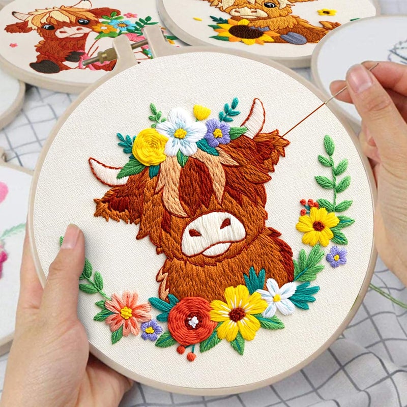 Nuberlic Highland Cow Embroidery Kit 3 Pack Embroidery Kits for Adults Beginners Starter Cross Stitch Kit Set with Floral Designs - Perfect DIY Gift - Image 2